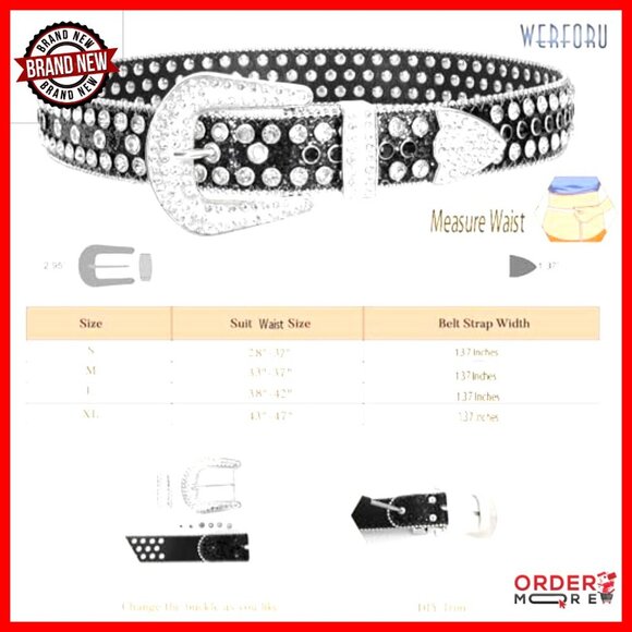 Western Rhinestone Studded Leather Belt Unisex Bling Cowgirl Cowboy